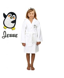 Black Penguin Cartoon Design & Custom Name Embroidery on Kids Hooded Bathrobe